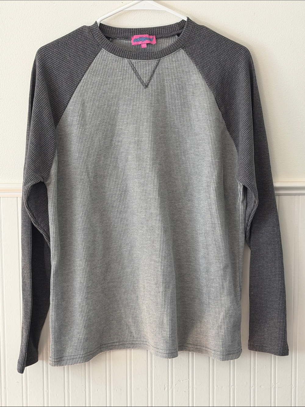 Edikted Gray Waffle Knit Crewneck with Pink Logo Tag